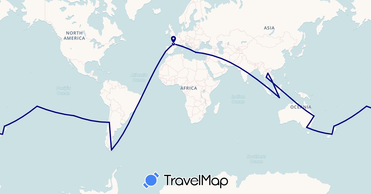 TravelMap itinerary: driving in Argentina, Australia, Brazil, Chile, France, Greece, Indonesia, Laos, New Zealand, Portugal, Singapore, Thailand, Vietnam (Asia, Europe, Oceania, South America)